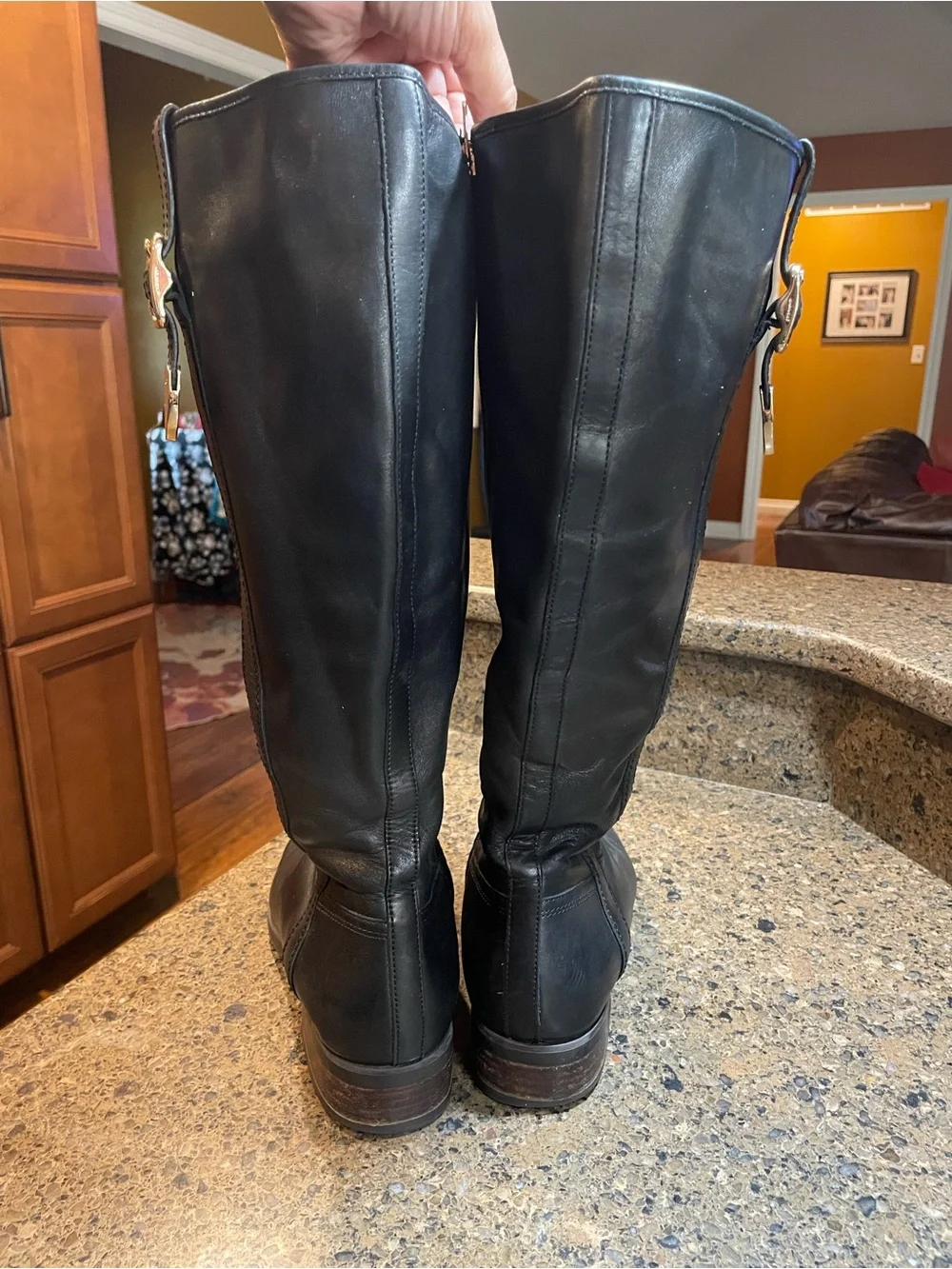 Coach Easton Black Calf Leather Tall Riding Boots Sz 9 Gold Accented Logo Buckle